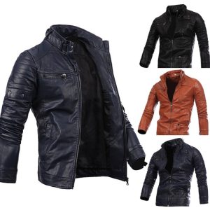 Men's Fashion Classic Multi-Zipper Button Stand Collar Motorcycle Leather Jacket