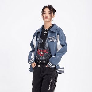 Men's And Women's Vintage Letter Embroidered PU Leather Jacket