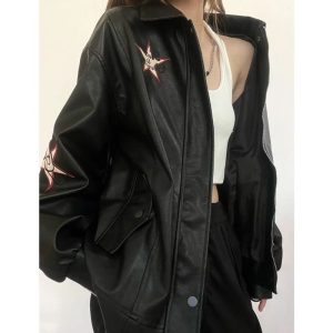 Vintage Embroidered Leather Coat Women's Motorcycle Clothing Jacket