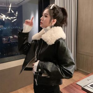 Women's Fashion Vintage Fleece Leather Jacket