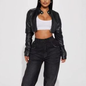Women's Cropped Biker-style Leather Jacket With Solid Color Contrast And Zipper