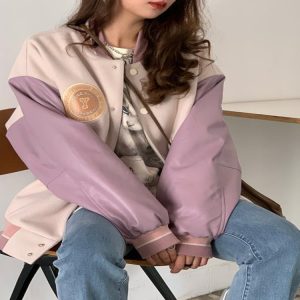 American Vintage Baseball Jacket Women's Loose PU Leather Patchwork