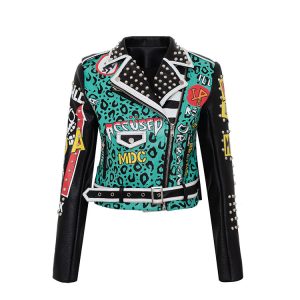 Punk Graffiti Print Leather Jacket Contrasting Badge Biker