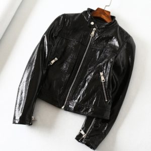Black Bright Leather PU Short Motorcycle Leather Jacket Women's Jacket