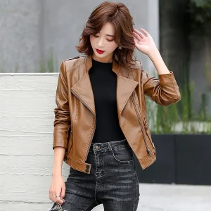 M-5XL New Women Leather Jacket Spring 2025 Fashion Solid Color Slim Short Sheepskin Coat Moto&Biker Style Tops Outerwear Female