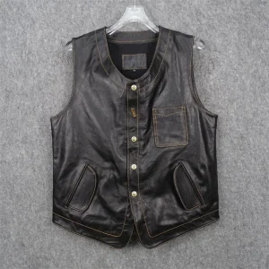 Vegetable Tanned Tire Cowhide Vest Unicorn Button Tenjin Vintage Tooling Leather Leather Jacket Men's Vest