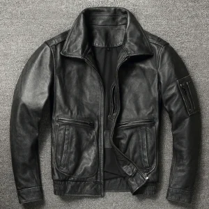 100% Cowhide Genuine Leather Coat for Men style of Moto & Biker Vintage Slim Male Natural Fashion lapel Leather Jacket