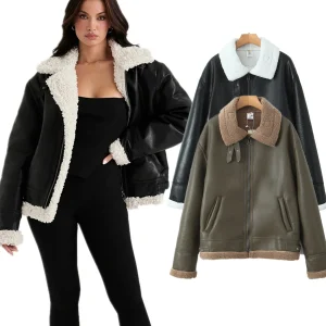 Dave&Di Minimalist Fashion Blogger Lambskin Leather Jacket, Boyfriend Style Loose Retro Bomber Jacket Women Tops