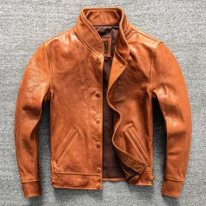 Einstein's vintage heavy water shampoo layer, Italian goat skin genuine leather jacket, green fruit collar