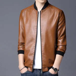Men Jacket Smooth Faux Leather Spring Jacket Solid Color Elastic Cuff Men Coat Slim Stand Collar Cardigan Jacket Daily Wear