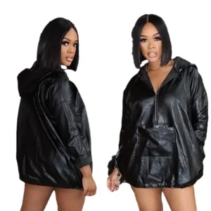Jackets Women Elegant Hooded Zipper Faux Leather Pullovers Streetwear Spliced Pockets Jacket Loose Elegant High Street