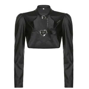 Y2k Street Pu Leather Crop Top Buckle Long Sleeve Super Short Leather Coat