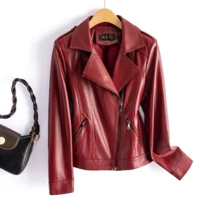 M-6XL Chic Wine Red Split Sheepskin Jackets Fashion Zipper Women Short Full Sleeve Moto Biker Jackets Casual Leather Coats