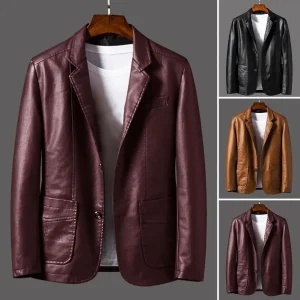Men Jacket Stylish Men's Lapel Faux Leather Jacket with Pockets Long Sleeve Single Breasted Outwear for A Loose Fit for Everyday
