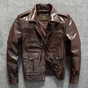 Top Layer Goat Skin Leather Jacket, Men's California Mounted Police Flight Suit Leather Jacket Short Slim Fit Jacket Trendy