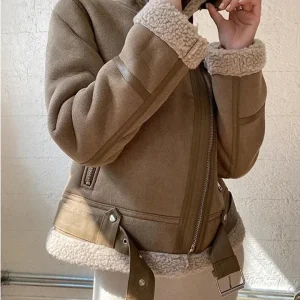 Winter Women Thick Warm Suede Lamb Jacket Short Motorcycle Brown Coats Faux Shearling Sheepskin Leather Jackets Fall