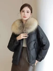 High-quality Leather Down Jacket 2025 New Women's Sheepskin Black Leather jacket Winter Fur Collor Short Puffer Parkas Fur Outwear