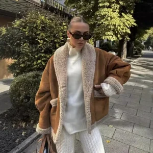 2024 Autumn Winter Women Faux Shearling Jackets Female Turn-down Collar Suede Lamb Fur Coats Ladies Outerwear