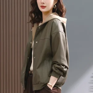 Women Classical Hooded Style clip Cotton Leather Jacket Casual Faux Leather Cowhide Coats Brown Female Clothing