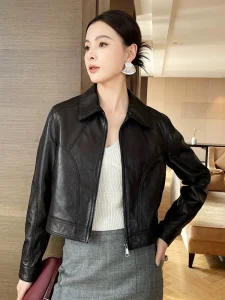 Women Spring Genuine Leather Jacket Fashion Classic Black Real Sheepskin Leather Jacket Coat