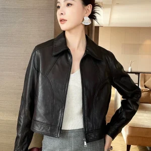 Women Spring Genuine Leather Jacket Fashion Classic Black Real Sheepskin Leather Jacket Coat