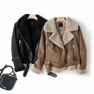 Winter Women Thick Warm Suede Lamb Jacket Short Motorcycle Brown Coats Faux Shearling Sheepskin Leather Jackets Outwear