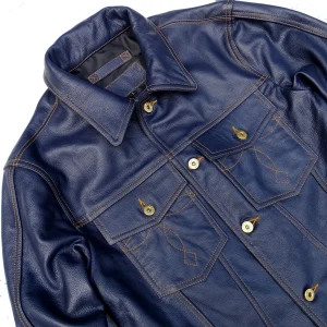 Storm Knight Embroidered Bag Denim Blue Lychee Pattern Top Cowhide Men's Jacket Commuter Jacket