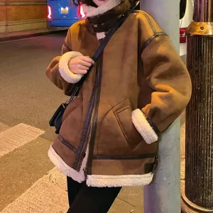 Fashion Bomber Jacket Zipper Sheepskin Outwear Women Warm Winter Faux Fur Suede Leather Lambswool Spliced Parkas Coat