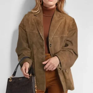 Vintage Women's Suede Leather Jacket Single Breasted Lapel Brown Blazer Loose Coats 2025 Autumn Office Lady Classic Outerwears
