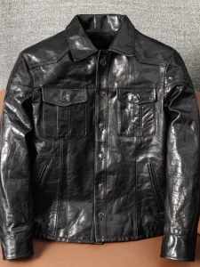 Slim Fit Goatskin Vintage Men Motorcycle Jacket Single Breasted Turn-Down Collar Street Casual Punk Genuine Leather Short Coat