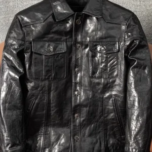 Slim Fit Goatskin Vintage Men Motorcycle Jacket Single Breasted Turn-Down Collar Street Casual Punk Genuine Leather Short Coat