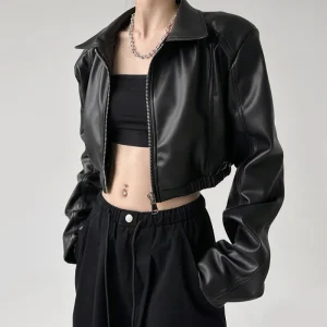 American Vintage Pu Leather Women Y2k Black Lapel Long Sleeve Crop Coats Harajuku Streetwear Zipper Casual Outerwear