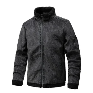 Men's Winter Fleece Lined Lambskin Suede Leather Jacket Stand-Up Collar Thickened Casual All-In-One Coat with Fur Trim