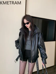 100% Real Goatskin Jacket Woman Brown Biker Genuine Leather Jackets High Quality Outerwears Fall Clothes