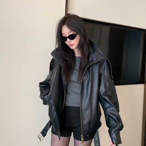 100% Real Goatskin Jacket Woman Brown Biker Genuine Leather Jackets High Quality Outerwears Fall Clothes