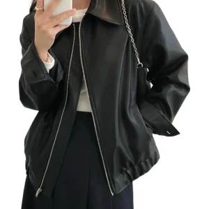 Autumn Winter Faux Leather Jacket Women Smooth Surface Zipper Stretchy Hem Long Sleeves Motorcycle Jacket Coat Travel Outerwear