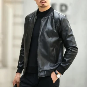 Soft Warm Men Jacket Regular Fit Men Jacket Stylish Men's Faux Leather Jacket Warm Stand Collar Zipper Pockets for Autumn