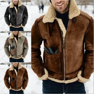Thickened Men's Jacket Warm Faux Leather Warm Jacket Large Lapel Contrasting Color European American Suede Fur One-piece Jacket