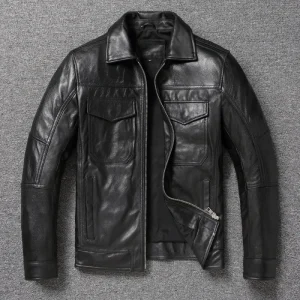 2025 New Retro Workwear Style Leather Jacket, Waxed Untreated Soft Goatskin Coat, Men's Lapel Genuine Leather Motorcycle Jacket