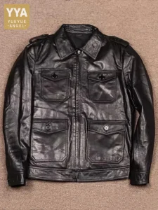 Slim Fit Mens Genuine Leather Motorcycle Jacket Long Sleeve New Spring Vintage Zipper Lapel Goatskin Punk Cargo Short Coat Male