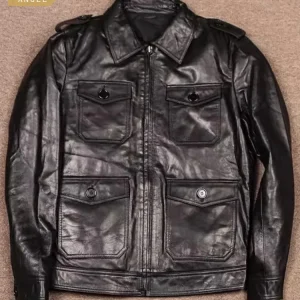 Slim Fit Mens Genuine Leather Motorcycle Jacket Long Sleeve New Spring Vintage Zipper Lapel Goatskin Punk Cargo Short Coat Male