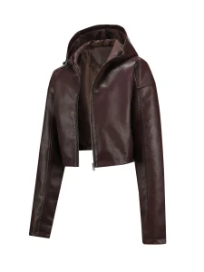 Women's Fashion Long-Sleeved Zipper Short Crop Top Fitted Leather Jacket with Hood PU Leather Jacket for Women