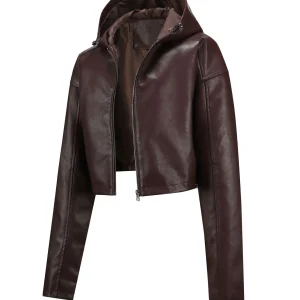 Women's Fashion Long-Sleeved Zipper Short Crop Top Fitted Leather Jacket with Hood PU Leather Jacket for Women