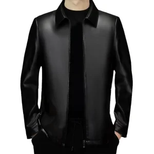 Men's cowhide and velvet leather jacket spring and autumn thin leather jacket dad's leather jacket lapel men's jacket leather