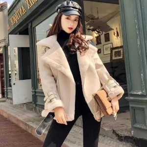 Winter Women Thick Warm Suede Lamb Jacket Short Motorcycle Brown Coats Faux Shearling Sheepskin Leather Jackets Outwear