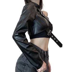 Leather Goth Crop Top for Women Punk Single Long Sleeve Neck Hanger Leather Belt Connected Tops 80s Emo Alt Punk Jacket Coat