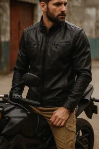 Men's Biker Leather Jacket Genuine Top Grain Cowhide Windproof Motorcycle Coat, New Handsome Style for Autumn