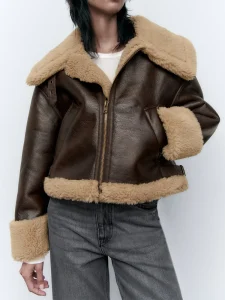New Winter Thick Faux Leather Fur Sheepskin Coat Women Fashion Lapel Zipper Short Pu Jacket Lady Warm Moto Biker Outwear