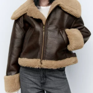 New Winter Thick Faux Leather Fur Sheepskin Coat Women Fashion Lapel Zipper Short Pu Jacket Lady Warm Moto Biker Outwear