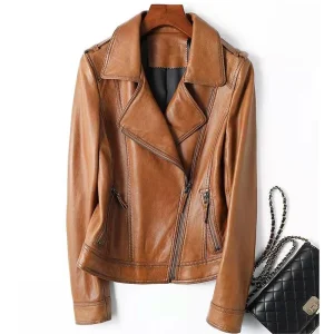 Genuine Leather Coat Autumn Women's Clothing Lapel Short Slim Handsome Motorcycle Zipper High Quality Sheepskin Female Jacket